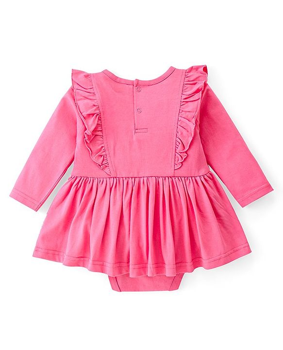Babyhug 100 % Cotton Knit Full Sleeves Frock Style Onesie with Headband Bow Applique & Floral Print - Pink