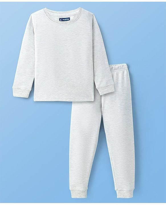 Pine Kids Full Sleeves Thermal Wear Solid Colour T-Shirt & Pant Set - Light Grey