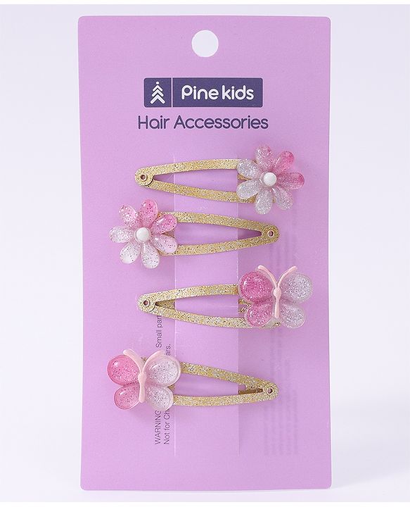 Pine Kids Snap Clips Purple with Floral & Butterfly Applique Free Size Pack of 4 - Purple