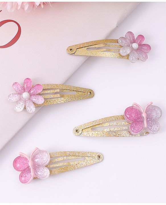 Pine Kids Snap Clips Purple with Floral & Butterfly Applique Free Size Pack of 4 - Purple