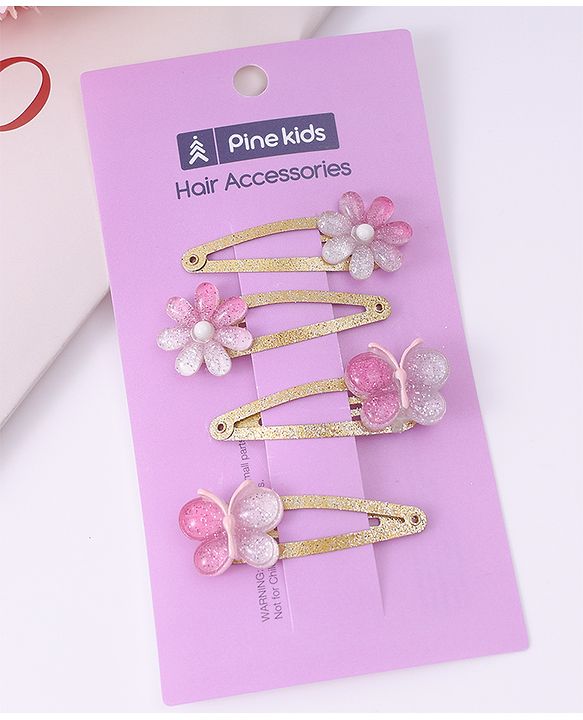 Pine Kids Snap Clips Purple with Floral & Butterfly Applique Free Size Pack of 4 - Purple