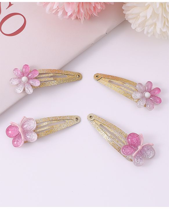 Pine Kids Snap Clips Purple with Floral & Butterfly Applique Free Size Pack of 4 - Purple