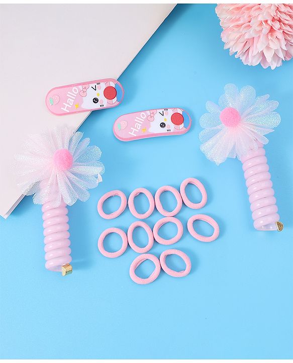 Babyhug Hair Accessories Combo Set with Floral Applique Pack of 14 Free Size - Pink