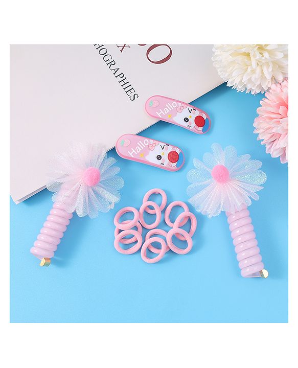 Babyhug Hair Accessories Combo Set with Floral Applique Pack of 14 Free Size - Pink