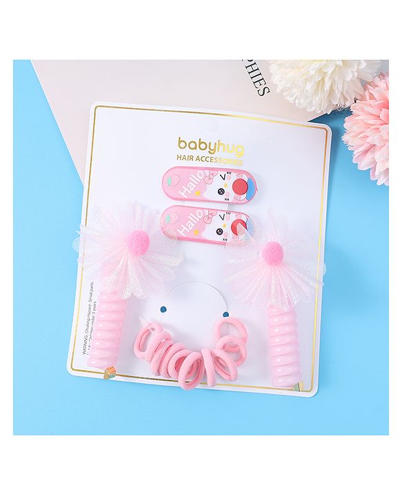 Babyhug Hair Accessories Combo Set with Floral Applique Pack of 14 Free Size - Pink