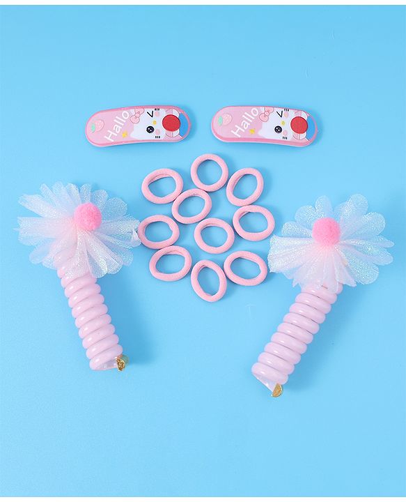 Babyhug Hair Accessories Combo Set with Floral Applique Pack of 14 Free Size - Pink