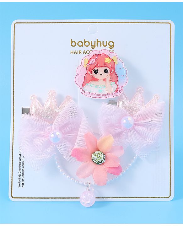 Babyhug Floral & Bow Applique  Hair Accessories Combo Sets  Free Size - Pink