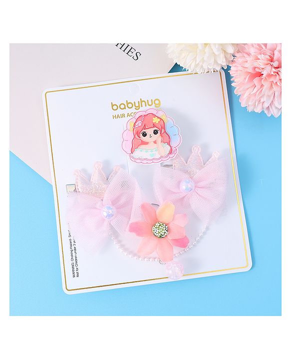 Babyhug Floral & Bow Applique  Hair Accessories Combo Sets  Free Size - Pink