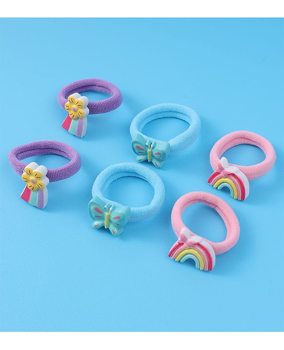 Babyhug Free Size Rubber Bands Sets with Floral  Butterfly & Rainbow Applique Pack of 6 - Multicolor