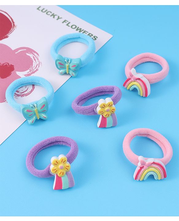 Babyhug Free Size Rubber Bands Sets with Floral  Butterfly & Rainbow Applique Pack of 6 - Multicolor