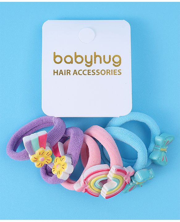 Babyhug Free Size Rubber Bands Sets with Floral  Butterfly & Rainbow Applique Pack of 6 - Multicolor