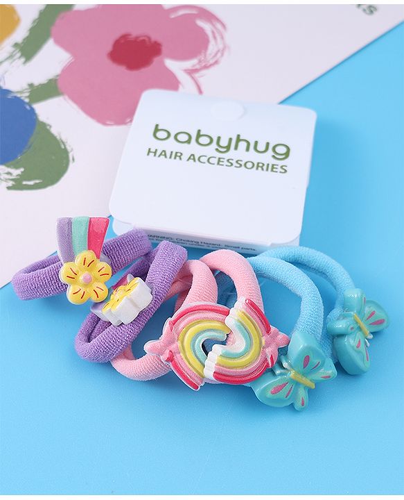 Babyhug Free Size Rubber Bands Sets with Floral  Butterfly & Rainbow Applique Pack of 6 - Multicolor