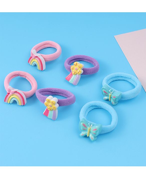 Babyhug Free Size Rubber Bands Sets with Floral  Butterfly & Rainbow Applique Pack of 6 - Multicolor