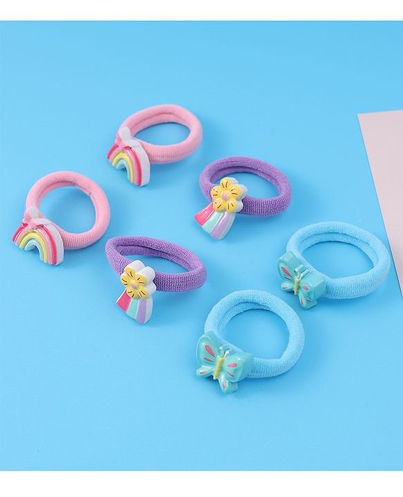 Babyhug Free Size Rubber Bands Sets with Floral  Butterfly & Rainbow Applique Pack of 6 - Multicolor