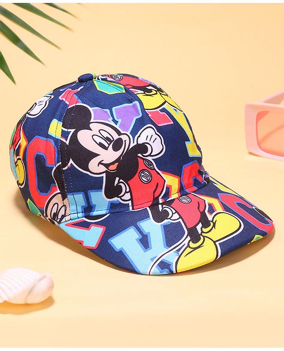 Babyhug Disney Cotton Knit Mickey Mouse Printed Summer Cap - Navy Blue