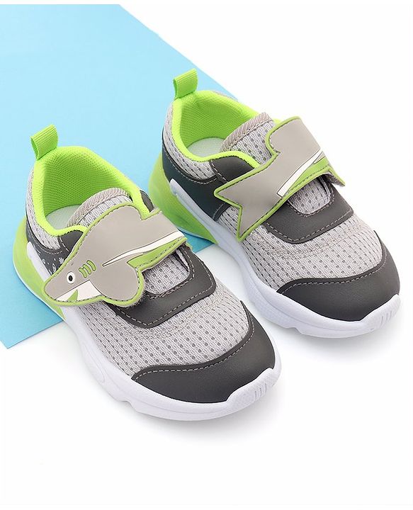 Cute Walk by Babyhug Sneaker with Velcro Closure & Shark Applique - Light Grey