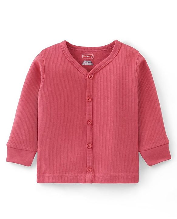 Babyhug Cotton Full Sleeves Front Open Thermal Vest Solid Colour - Coral