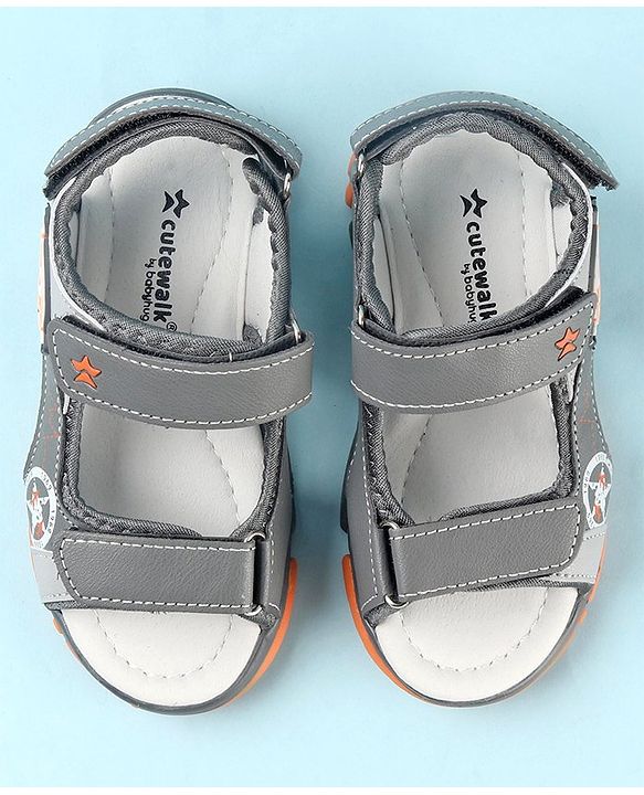 Cute Walk by Babyhug Double Velcro Closure Star Printed Sandals - Grey