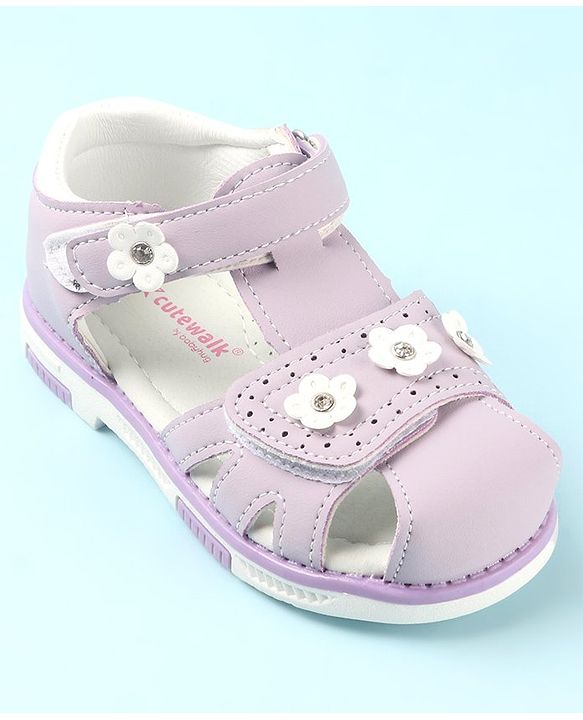 Cute Walk by Babyhug Slip On Sandals with Floral Appliques & Velcro Closure - Purple