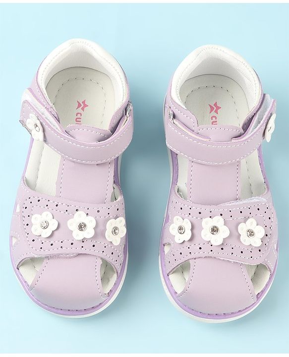Cute Walk by Babyhug Slip On Sandals with Floral Appliques & Velcro Closure - Purple