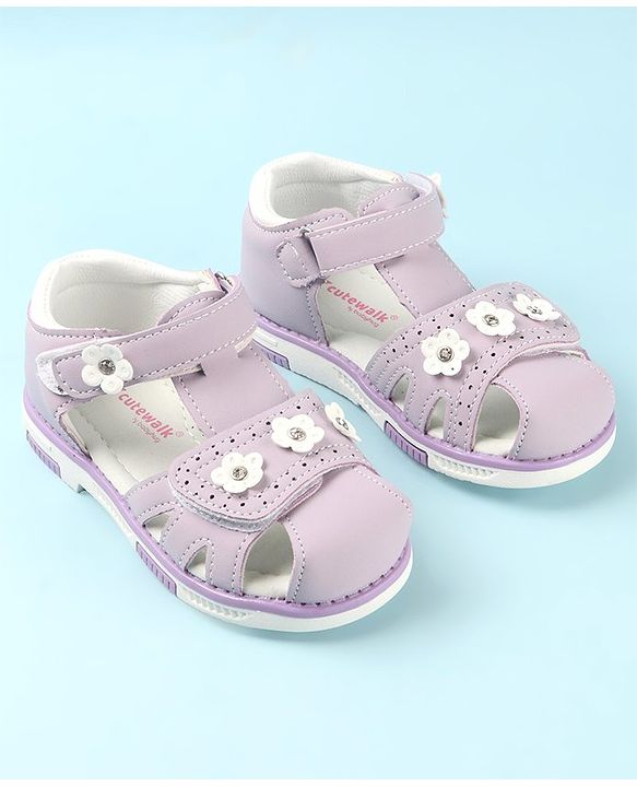 Cute Walk by Babyhug Slip On Sandals with Floral Appliques & Velcro Closure - Purple