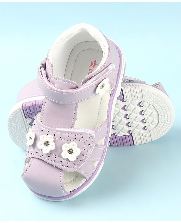 Cute Walk by Babyhug Slip On Sandals with Floral Appliques & Velcro Closure - Purple