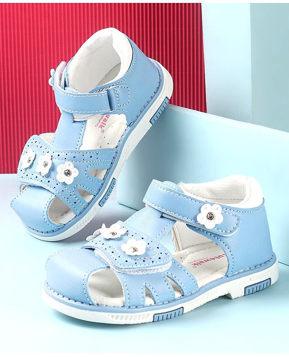 Cute Walk by Babyhug Slip On Sandals with Floral Appliques & Velcro Closure - Blue