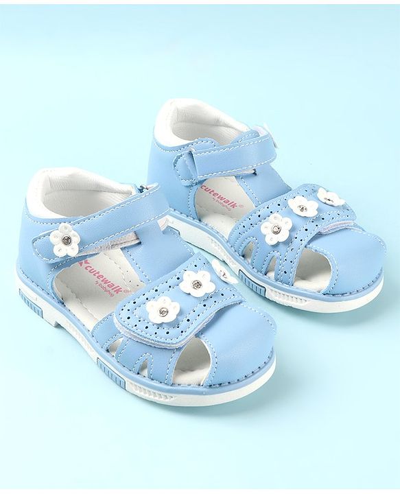 Cute Walk by Babyhug Slip On Sandals with Floral Appliques & Velcro Closure - Blue