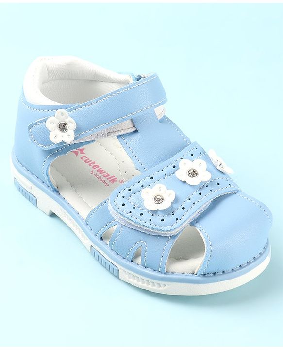 Cute Walk by Babyhug Slip On Sandals with Floral Appliques & Velcro Closure - Blue
