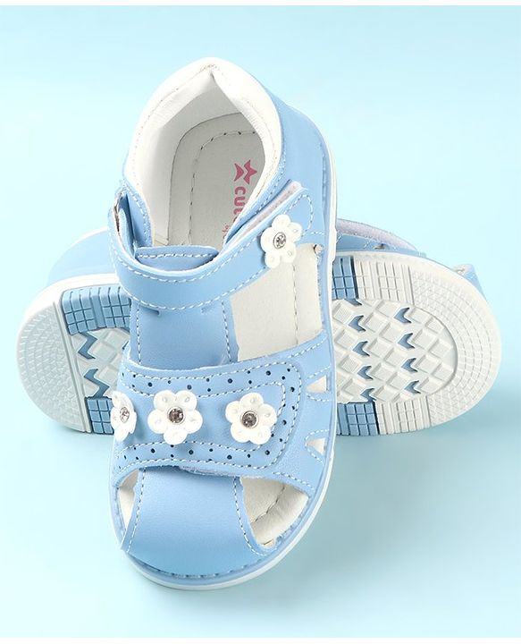 Cute Walk by Babyhug Slip On Sandals with Floral Appliques & Velcro Closure - Blue