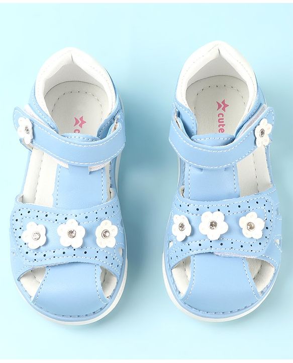 Cute Walk by Babyhug Slip On Sandals with Floral Appliques & Velcro Closure - Blue