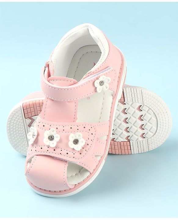 Cute Walk by Babyhug Slip On Sandals with Floral Appliques & Velcro Closure - Blue