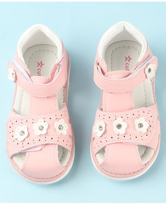 Cute Walk by Babyhug Slip On Sandals with Floral Appliques & Velcro Closure - Pink