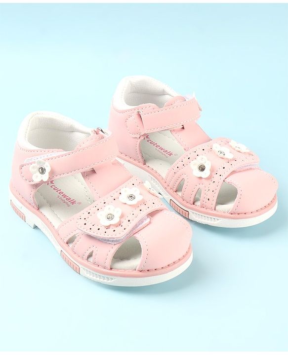 Cute Walk by Babyhug Slip On Sandals with Floral Appliques & Velcro Closure - Pink