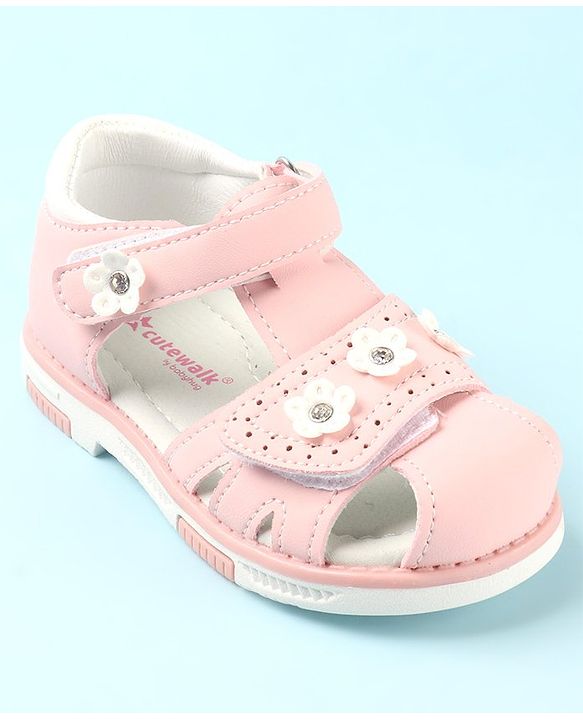 Cute Walk by Babyhug Slip On Sandals with Floral Appliques & Velcro Closure - Pink