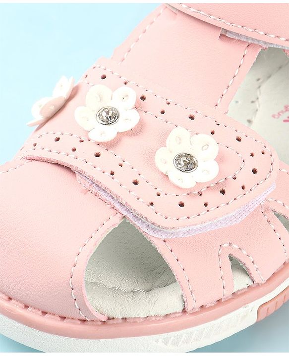 Cute Walk by Babyhug Slip On Sandals with Floral Appliques & Velcro Closure - Pink