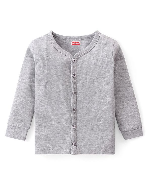 Babyhug Full Sleeves Solid Colour Front Open Thermal Vest & Pant Set - Grey