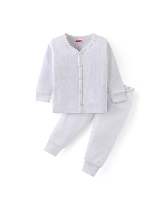 Babyhug Cotton Knit Full Sleeves Solid Colour Front Open Thermal Vest & Pant Set - Off White