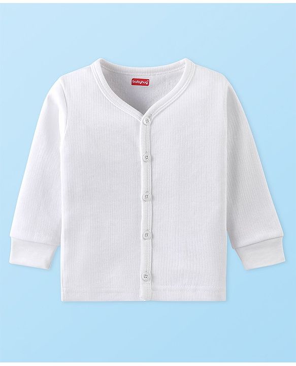 Babyhug Cotton Knit Full Sleeves Solid Colour Front Open Thermal Vest & Pant Set - Off White