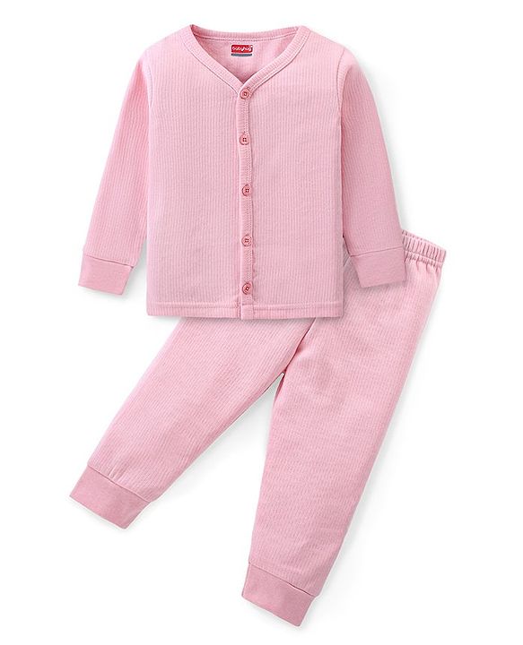 Babyhug Full Sleeves Front Open Solid Thermal Vest & Pant - Pink