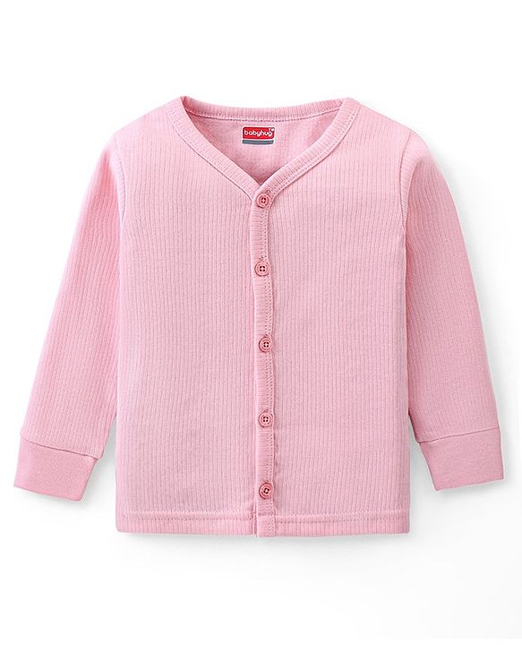 Babyhug Full Sleeves Front Open Solid Thermal Vest & Pant - Pink