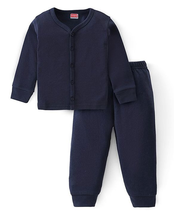 Babyhug Full Sleeves Front Open & Solid Colour Thermal Vest and Pant Set - Navy Blue