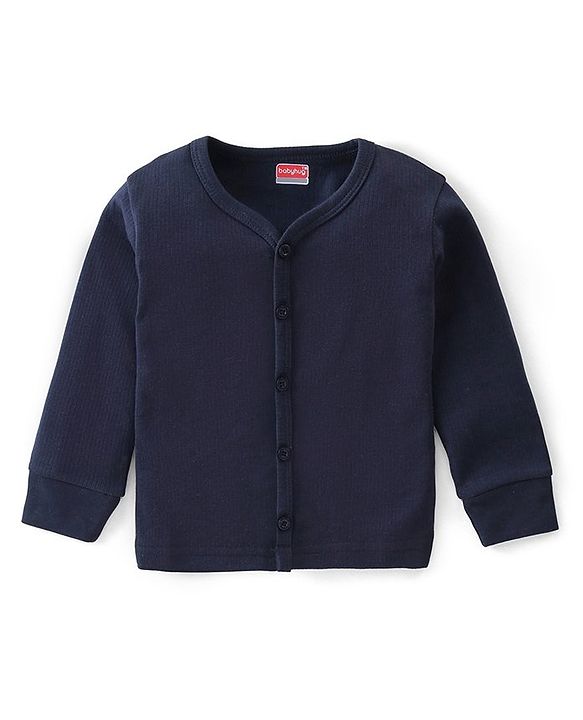 Babyhug Full Sleeves Front Open & Solid Colour Thermal Vest and Pant Set - Navy Blue