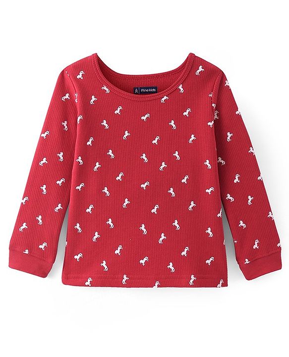 Pine Kids Knit Full Sleeves Horse Printed Thermal Vest  & Pant Set - Red
