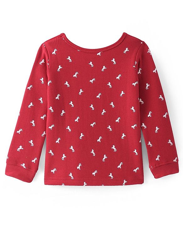 Pine Kids Knit Full Sleeves Horse Printed Thermal Vest  & Pant Set - Red