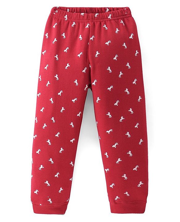 Pine Kids Knit Full Sleeves Horse Printed Thermal Vest  & Pant Set - Red