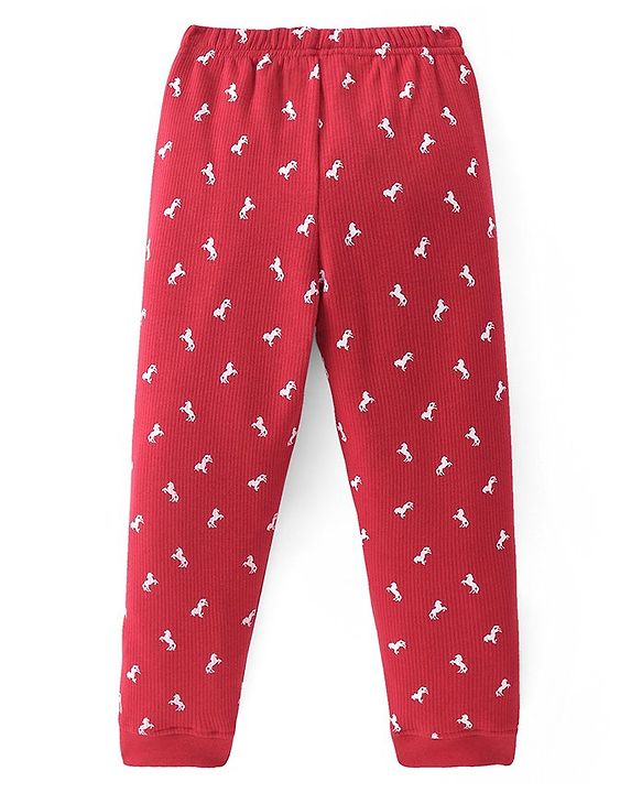 Pine Kids Knit Full Sleeves Horse Printed Thermal Vest  & Pant Set - Red