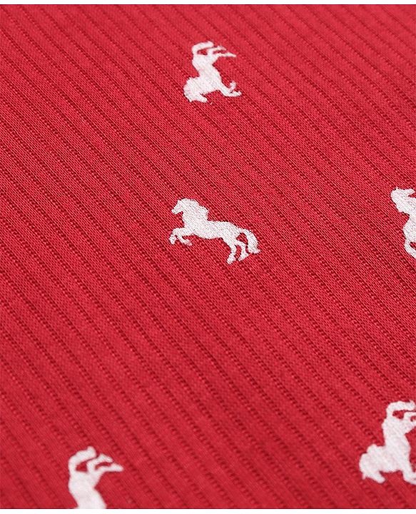 Pine Kids Knit Full Sleeves Horse Printed Thermal Vest  & Pant Set - Red