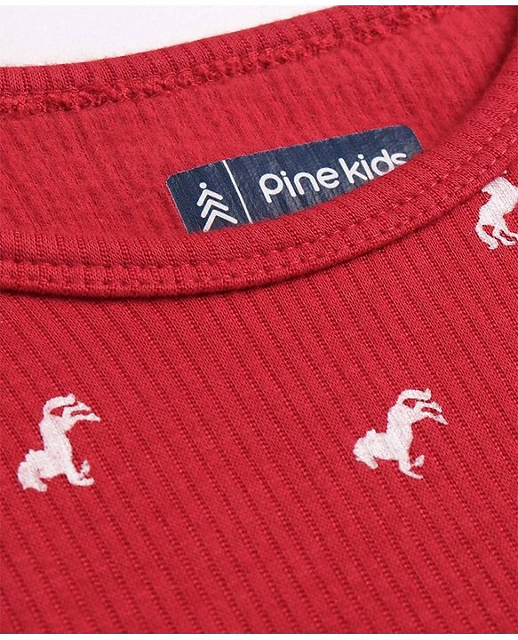 Pine Kids Knit Full Sleeves Horse Printed Thermal Vest  & Pant Set - Red
