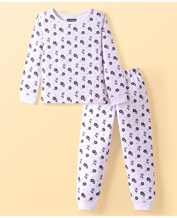 Pine Kids Cotton Blend Knit Full Sleeves Floral  Print Thermal Vest & Pant Set - Off White